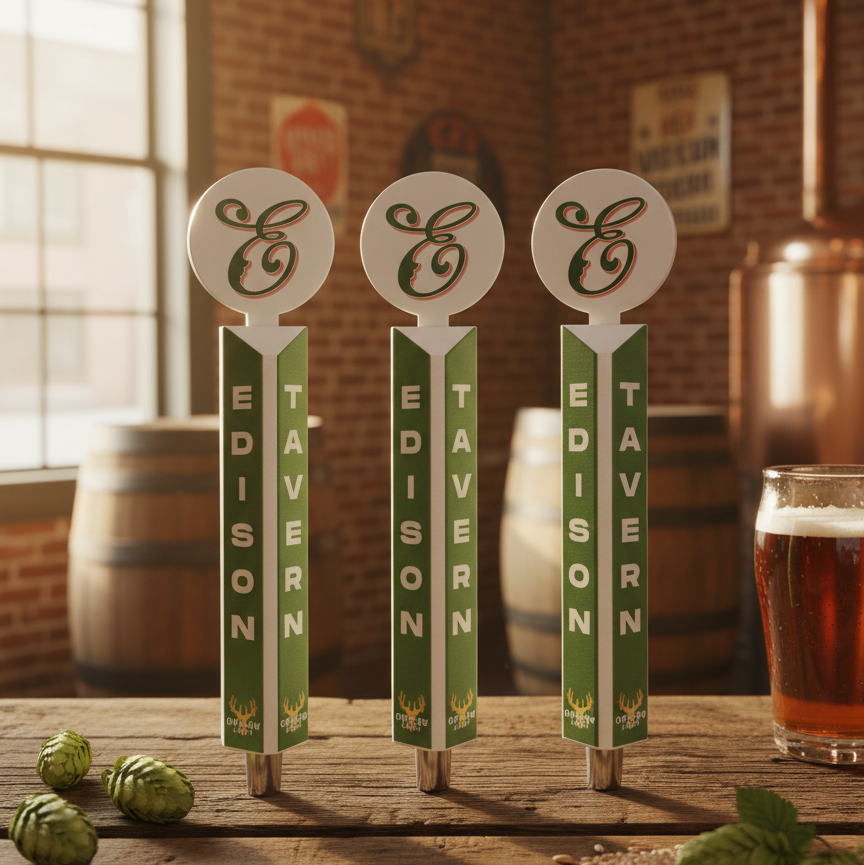 Three Edison Tavern beer taps on a wooden counter with a glass of beer and hop cones in the background.
