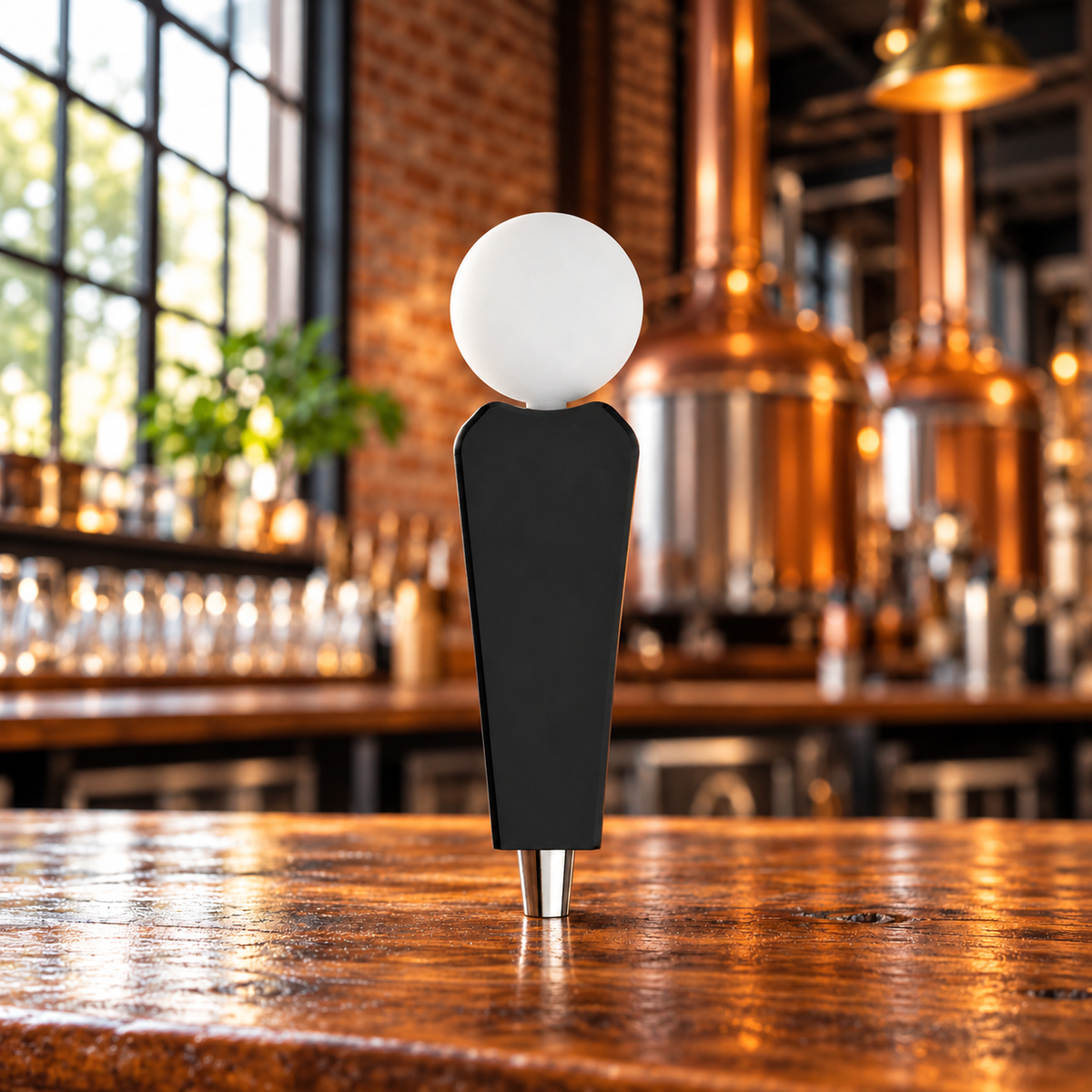 Atlas charcoal tap handle with white circular topper and chrome ferrule in a warm brewery taproom.