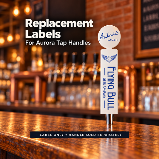 Replacement labels for Aurora tap handles. Compatible handle shown for context; label only, handle sold separately.