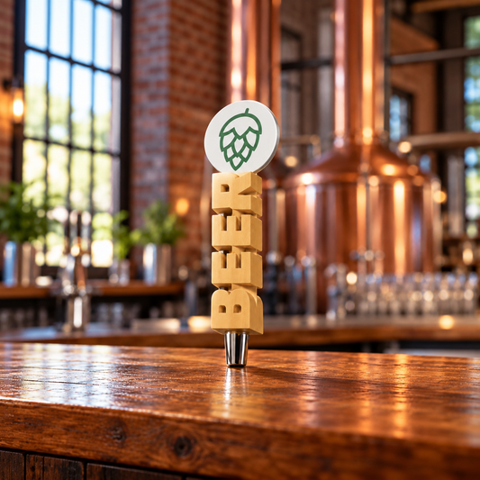 Wood-look BEER sculpted tap handle with green hop emblem and chrome ferrule on a brewery counter.