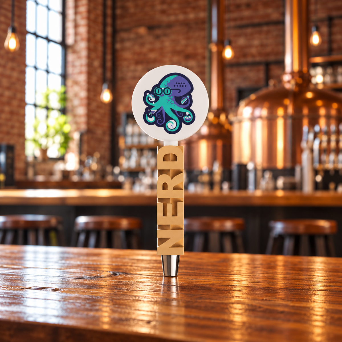 Crest wood-look NERD sculpted tap handle with purple and teal octopus emblem in a brewery setting.