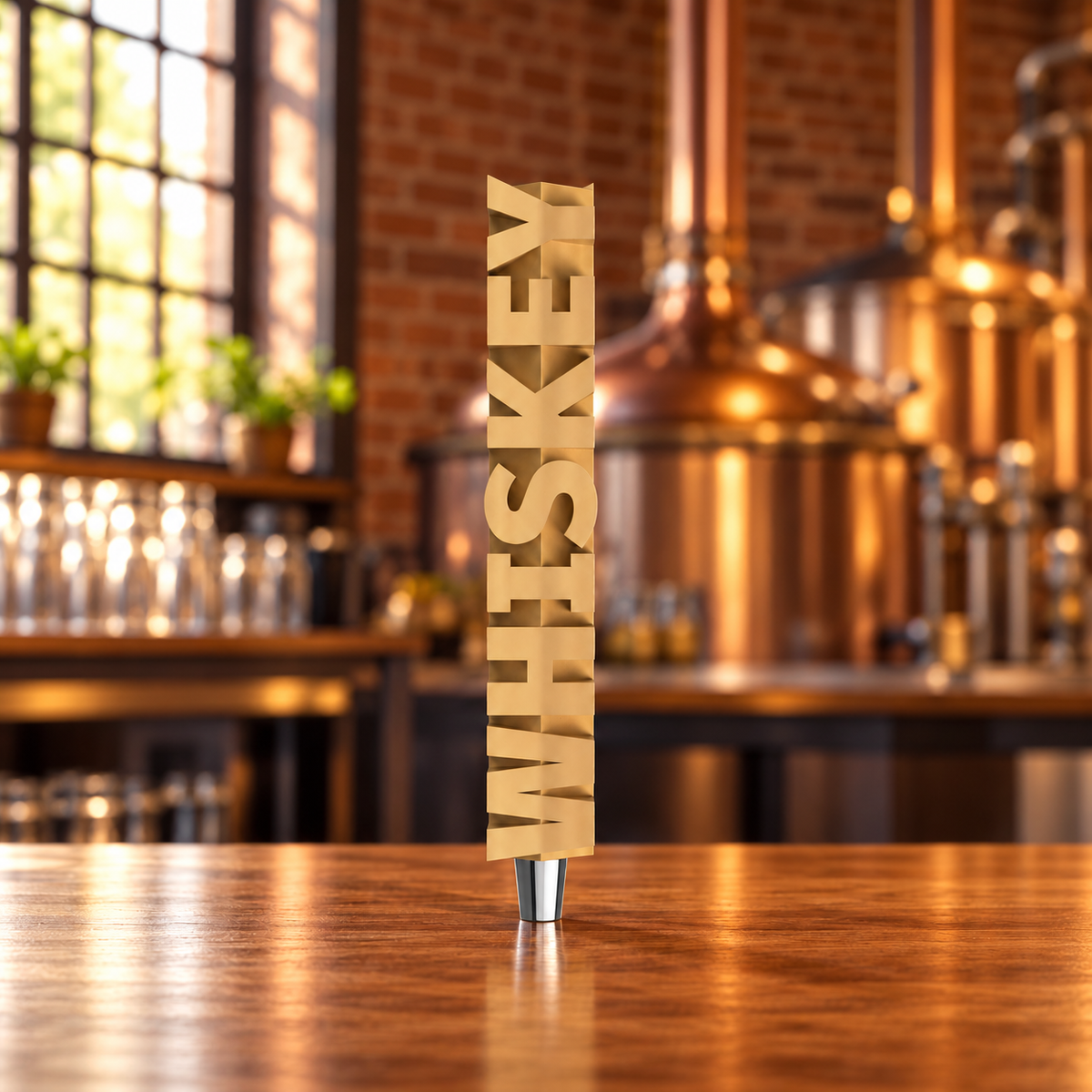 Crest word-only tan sculpted WHISKEY tap handle without topper, on a brewery counter.