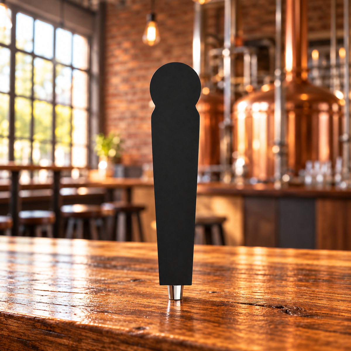 Mural 12 black tap handle with integrated circular top and chrome ferrule on a brewery counter.