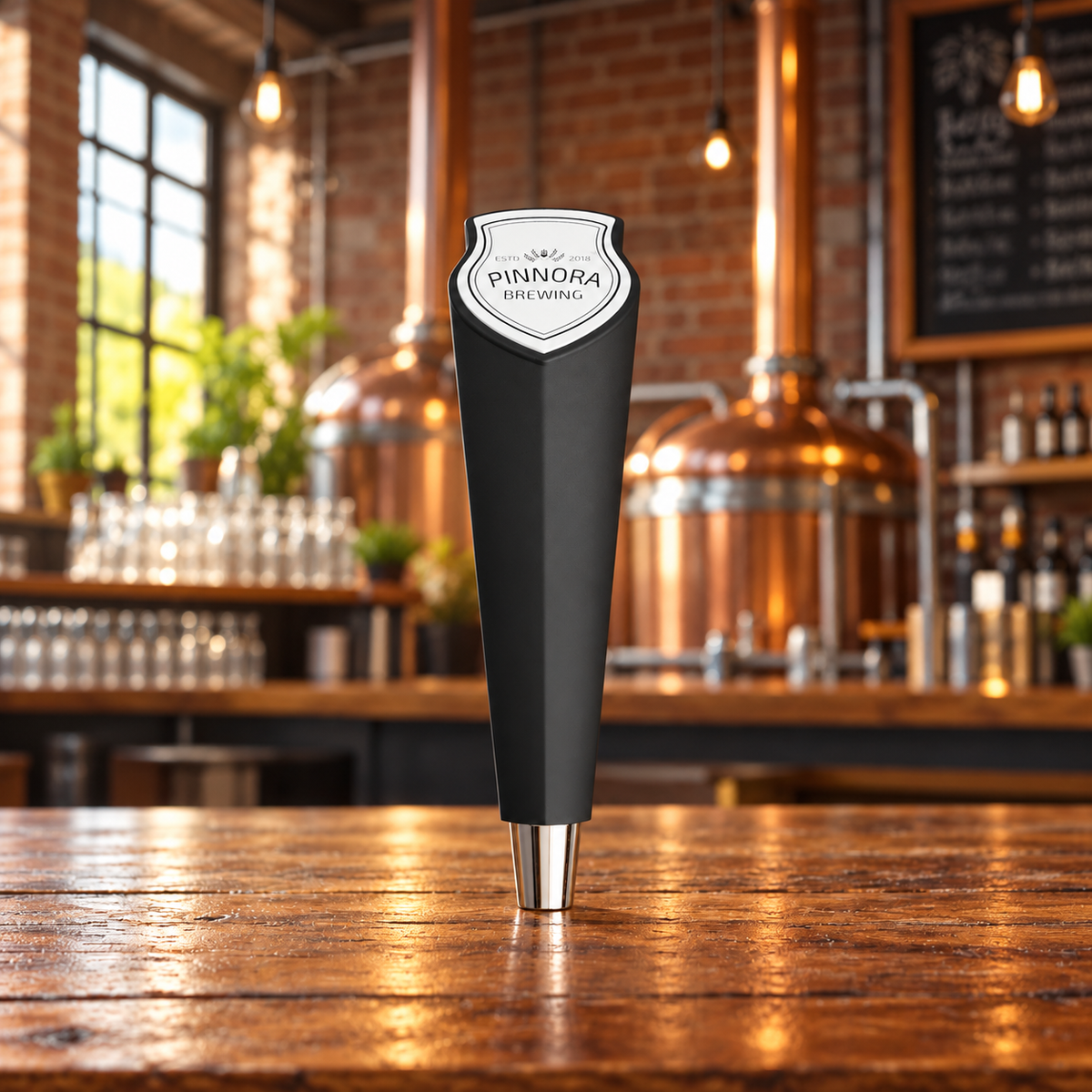 Pinnacle black tap handle with Pinnora Brewing shield emblem in a warm brewery taproom.