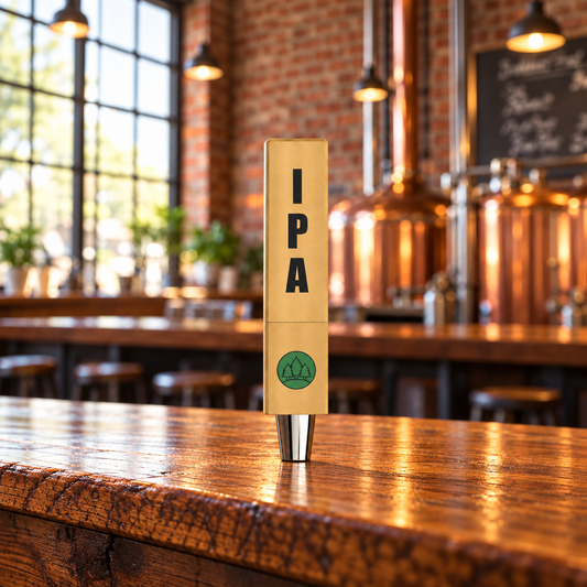 QuickSwitch wood-look tap handle with IPA label and green pine tree logo on a brewery counter.