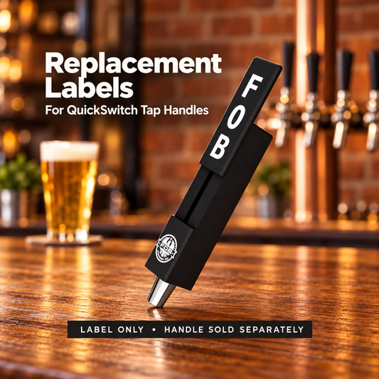 Replacement labels for QuickSwitch tap handles, showing the slide-in label mechanism. Label only; handle sold separately.