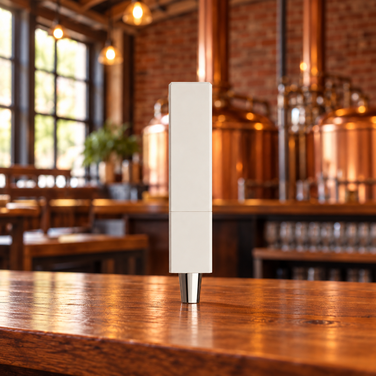 QuickSwitch ivory white tap handle with blank label and blank base in a warm brewery taproom.