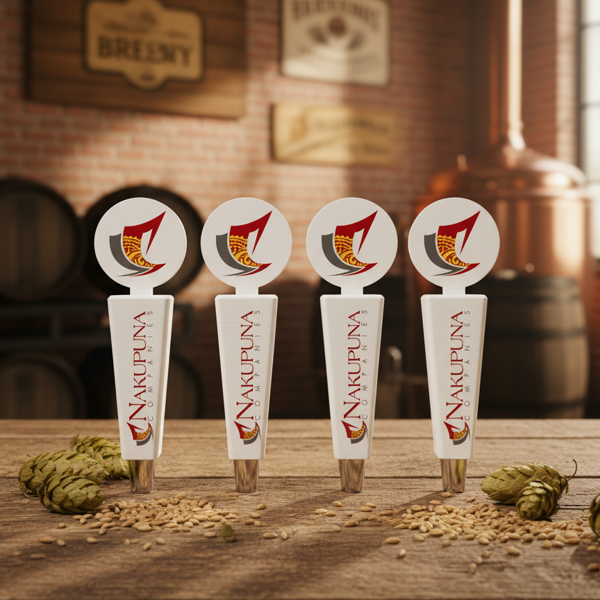 Naripunka beer taps on a wooden table with hop cones and malt in a brewery setting