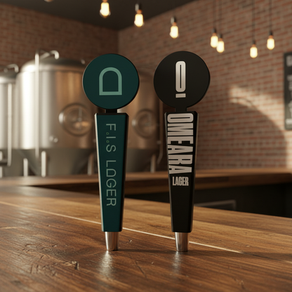 Two beer taps labeled 'FIS LAGER' and 'OMEARA LAGER' on a wooden counter with a brewery background.