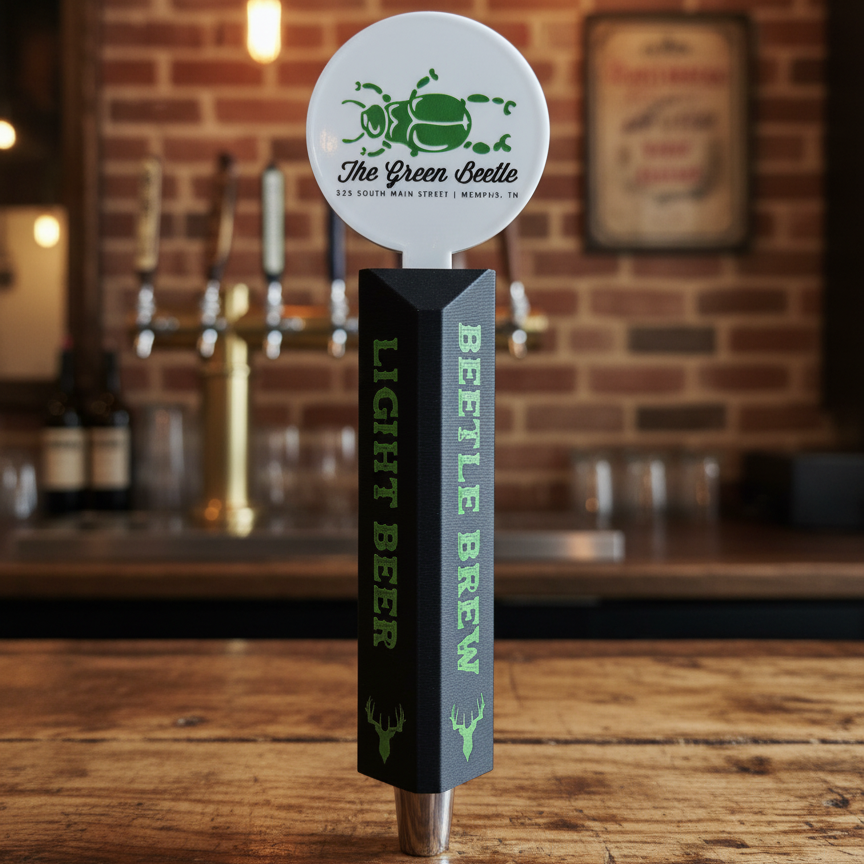 Beer tap handle with 'The Green Beetle' branding on a bar counter.