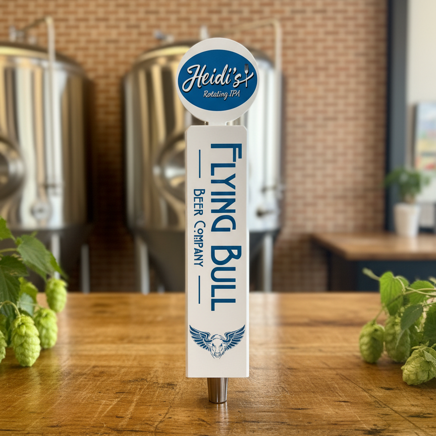 Flying Bull beer tap handle on a wooden table with brewing equipment in the background